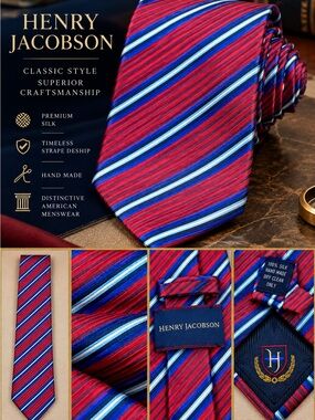 Henry Jacobson Red White Blue Diagonal Striped 100% Silk Tie
